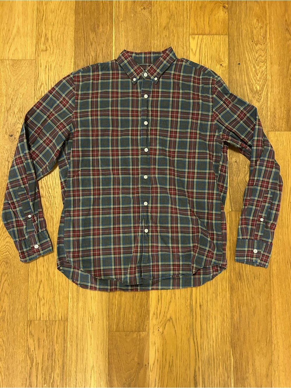 J. Crew Men's Burgundy and Green Plaid Button-Down Shirt - Picture 1 of 3